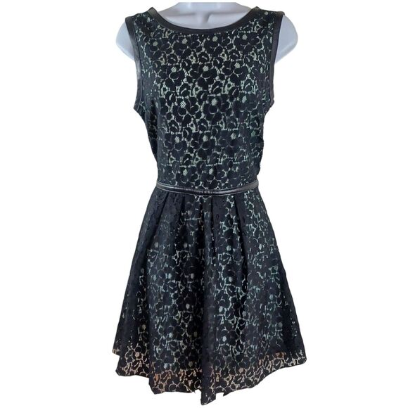 NWT Speechless Mint Lined Lace Skater Dress Sz 9 Leather Trim Floral Overlay 35” - Picture 2 of 9